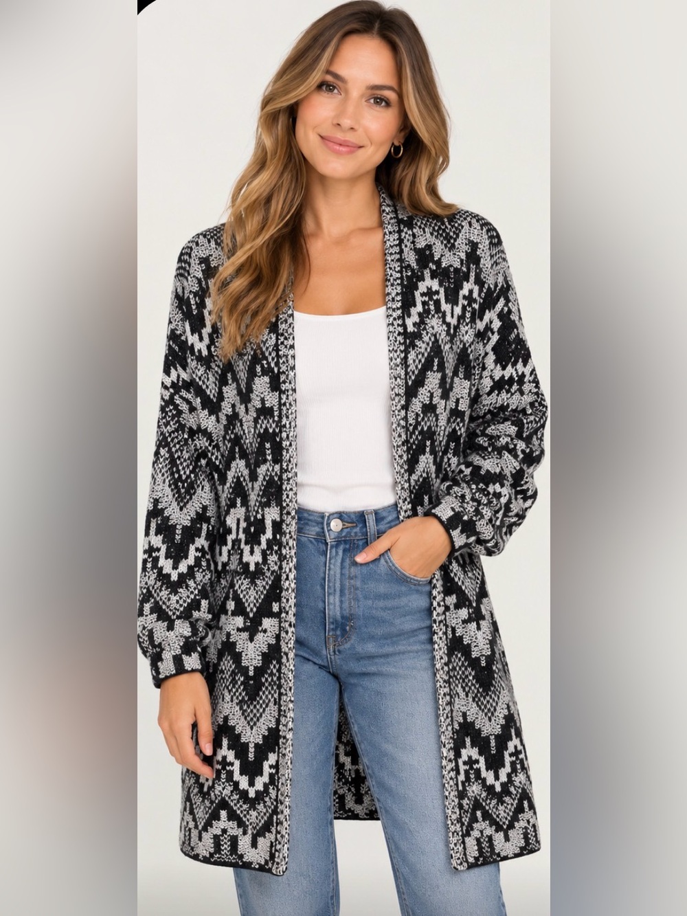 Lucky Brand NWT Fair Isle Open Front Cardigan Sweater S/P Black Gray